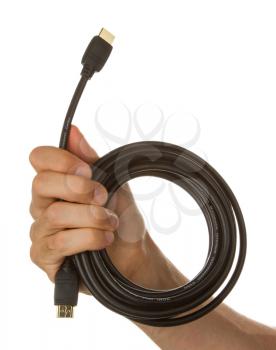 Man holding a black hdmi cable, isolated on white