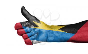 Old woman giving the thumbs up sign, isolated, flag of Antigua and Barbuda