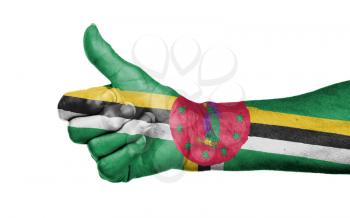 Old woman giving the thumbs up sign, isolated, flag of Dominica