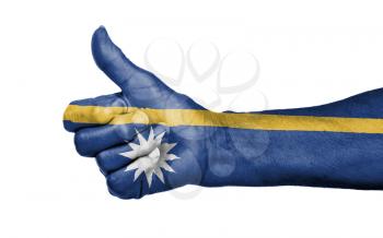 Old woman giving the thumbs up sign, isolated, flag of Nauru