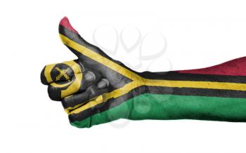 Old woman giving the thumbs up sign, isolated, flag of Vanuatu