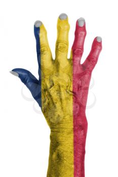 Hand of an old woman wrapped in flag of Chad