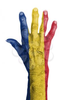 Isolated old hand with flag, European Union, Romania
