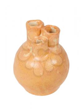 Old orange vase from clay, the handwork, isolated on a white background