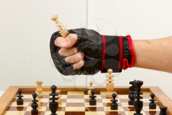 Playing chess in freefight gloves, isolated on white