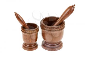 Wooden mortar for pounding spices, isolated on white