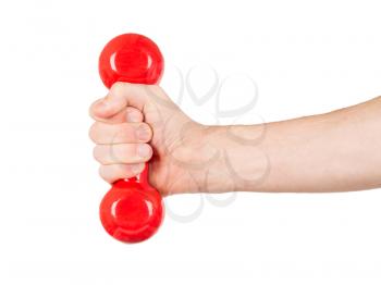 Red dumbbells in the hands of a man, isolated on white
