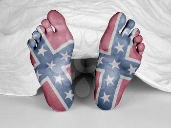Dead body under a white sheet, suicide, murder or natural death, confederate flag