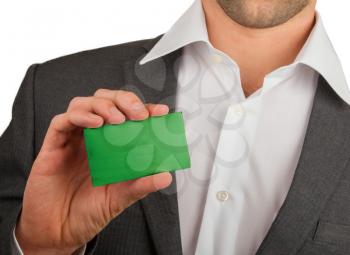 Businessman is holding a business card, flag of Libya