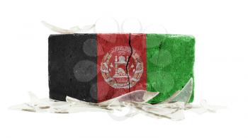 Brick with broken glass, violence concept, flag of Afghanistan