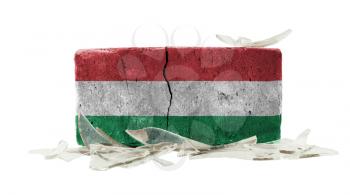 Brick with broken glass, violence concept, flag of Hungary
