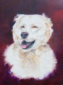 Painting of a white dog on a red background