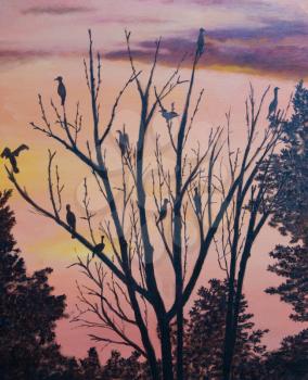 Painting of many birds in a tree
