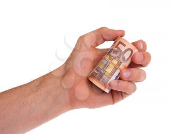 Roll of 50 euro bills in hand, isolated on white