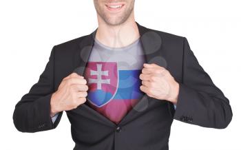 Businessman opening suit to reveal shirt with flag, Slovakia