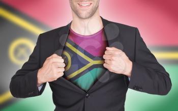 Businessman opening suit to reveal shirt with flag, Vanuatu