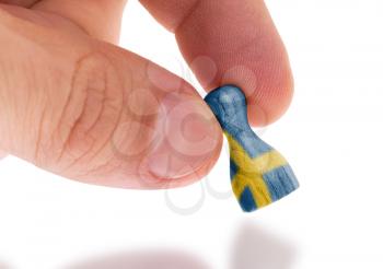 Hand holding wooden pawn with a flag painting, selective focus, Sweden