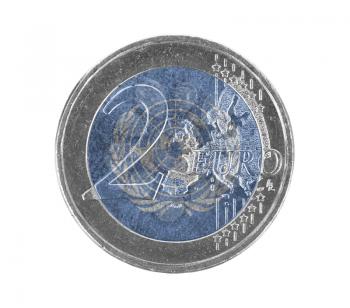Euro coin, 2 euro, isolated on white, flag of the United Nations