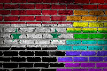 Dark brick wall texture - coutry flag and rainbow flag painted on wall - Syria