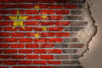 Dark brick wall texture with plaster - flag painted on wall - China