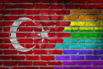 Dark brick wall texture - coutry flag and rainbow flag painted on wall -