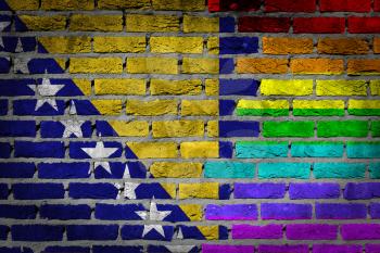 Dark brick wall texture - coutry flag and rainbow flag painted on wall - Bosnia and Herzegovina