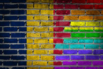 Dark brick wall texture - coutry flag and rainbow flag painted on wall - Romania