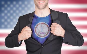 Businessman opening suit to reveal shirt with state flag (USA), Virginia