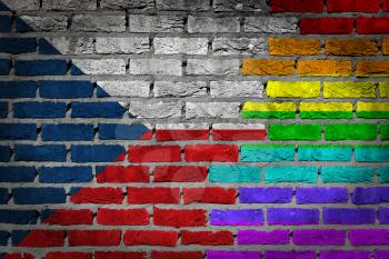 Dark brick wall texture - coutry flag and rainbow flag painted on wall - Czech Republic