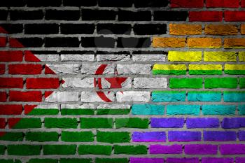 Dark brick wall texture - coutry flag and rainbow flag painted on wall - Western Sahara