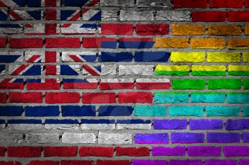 Dark brick wall texture - coutry flag and rainbow flag painted on wall - Hawaii