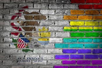 Dark brick wall texture - coutry flag and rainbow flag painted on wall - Illinois