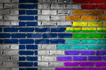 Dark brick wall texture - coutry flag and rainbow flag painted on wall - Finland