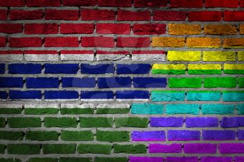 Dark brick wall texture - coutry flag and rainbow flag painted on wall - Gambia