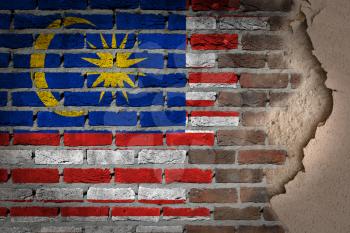 Dark brick wall texture with plaster - flag painted on wall - Malaysia