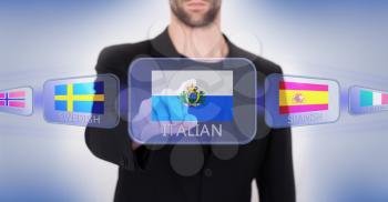 Hand pushing on a touch screen interface, choosing language or country, San Marino