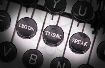Typewriter with special buttons, listen think speak