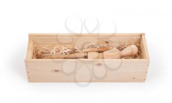 Wood figure mannequin in a wooden box - concept of death or retail