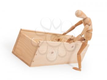 Wood figure mannequin stepping in a wooden box - concept of death or retail