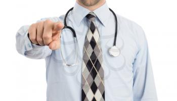 Doctor pointing with his finger, closeup, selective focus on hand