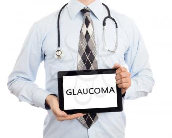 Doctor, isolated on white backgroun,  holding digital tablet - Glaucoma