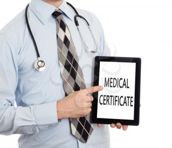 Doctor, isolated on white backgroun,  holding digital tablet - Medical certificate