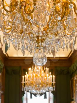 Chrystal chandelier close-up. Glamour background with copy space