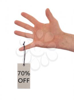 Tag tied with string, price tag - 70 percent off (isolated on white)