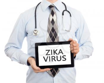 Doctor, isolated on white backgroun,  holding digital tablet - Zika virus