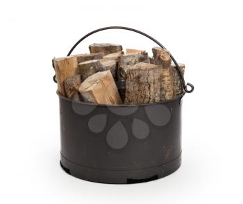 Metal basket of firewood, isolated on white