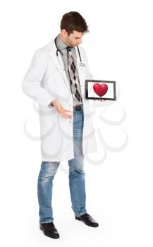 Doctor holding tablet, isolated on white - Red heart