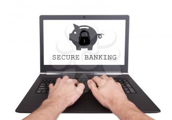 Man working on laptop, secure banking, isolated