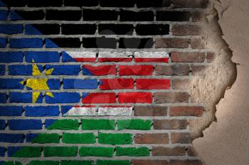 Dark brick wall texture with plaster - flag painted on wall - South Sudan
