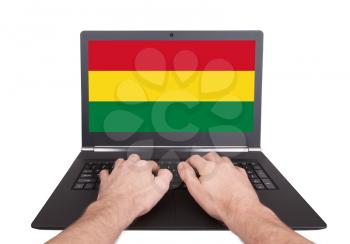 Hands working on laptop showing on the screen the flag of Bolivia